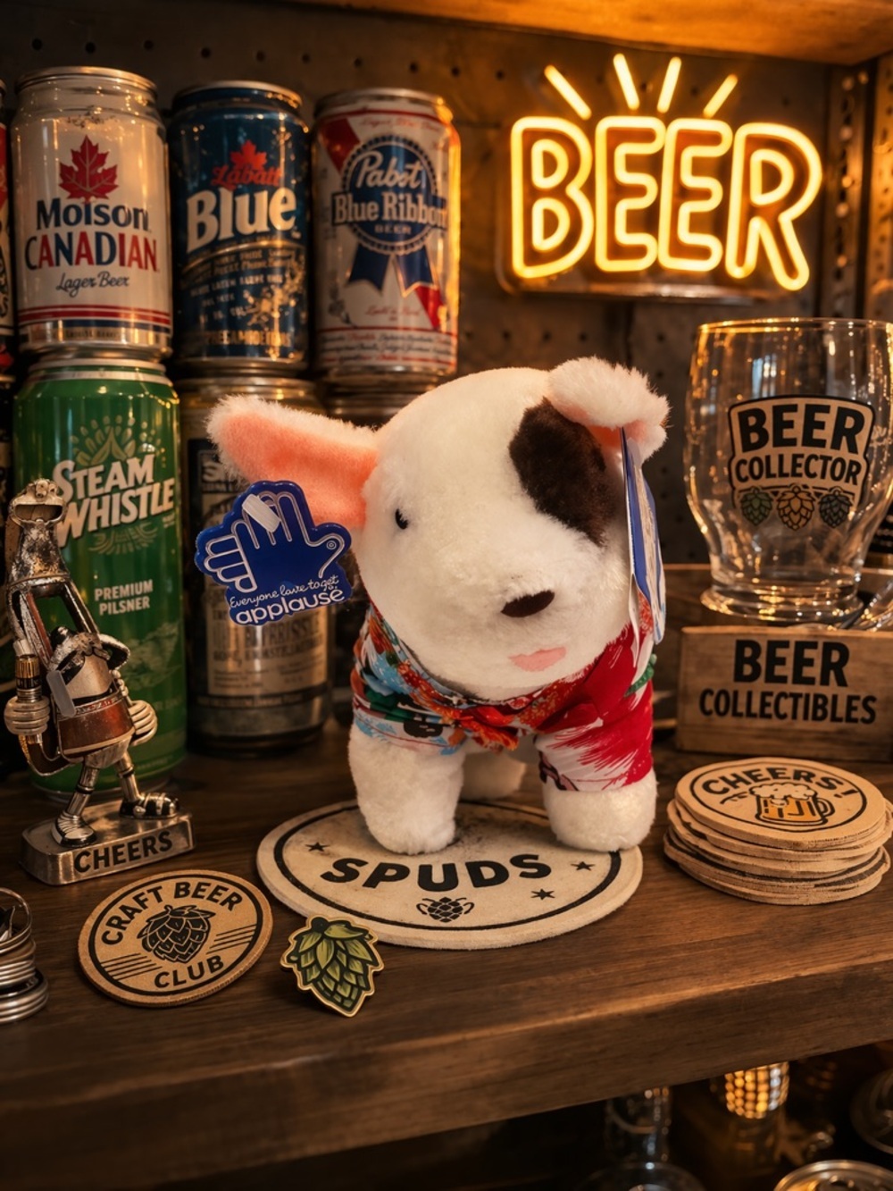 Spuds Mackenzie Plush Dog Applause Vintage Bud Light Bull Terrier Hawaiian Shirt